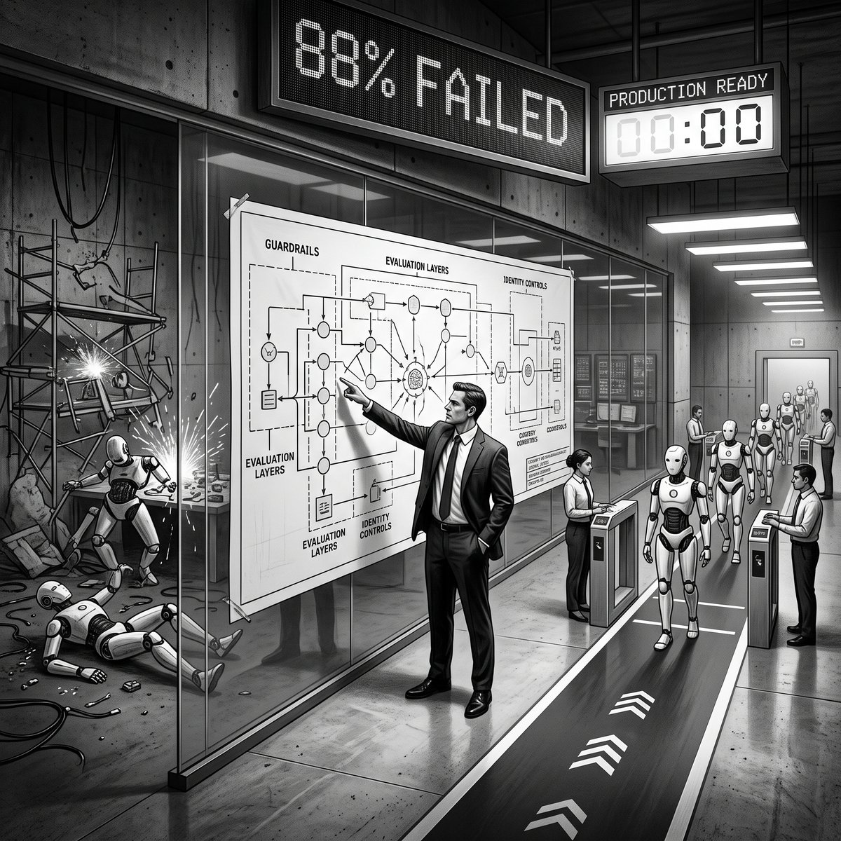 A fractured bridge between a glowing AI demo environment and a dark, complex enterprise production system, symbolizing the gap in agentic AI governance
