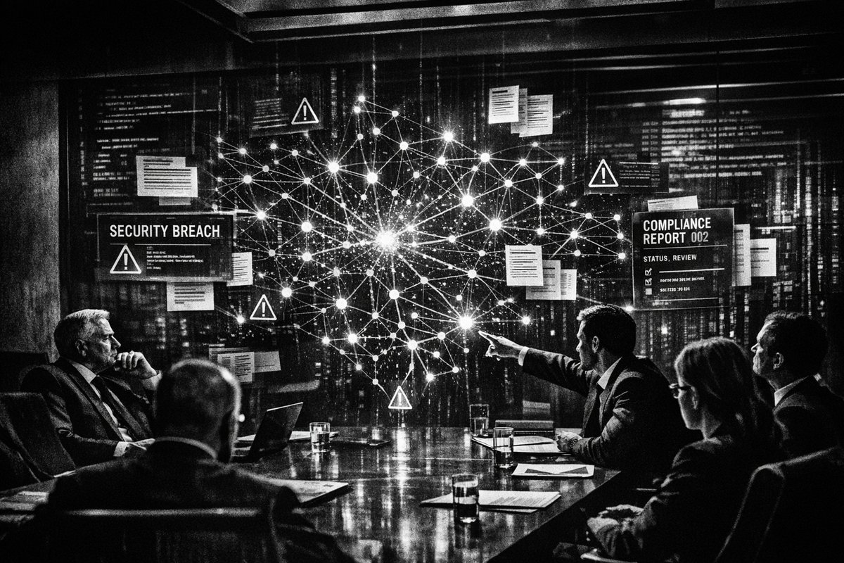 Digital visualization showing AI neural network nodes connected by glowing lines with warning symbols, representing the complex risk landscape of artificial intelligence systems