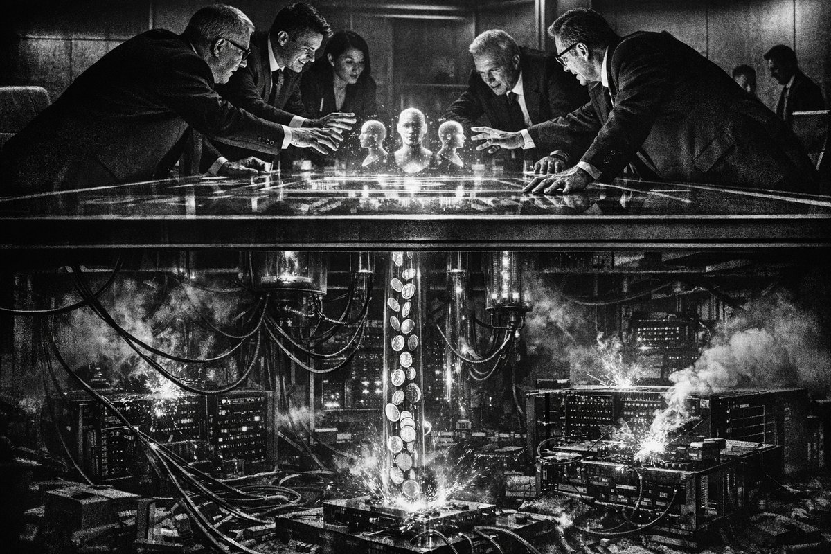 Abstract visualization of AI agents and computational processes with warning symbols representing system failures and cost overruns