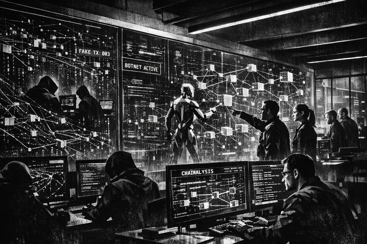 Digital visualization of AI-powered blockchain forensics with network nodes, transaction flows, and artificial intelligence elements highlighting the intersection of crime detection and automation