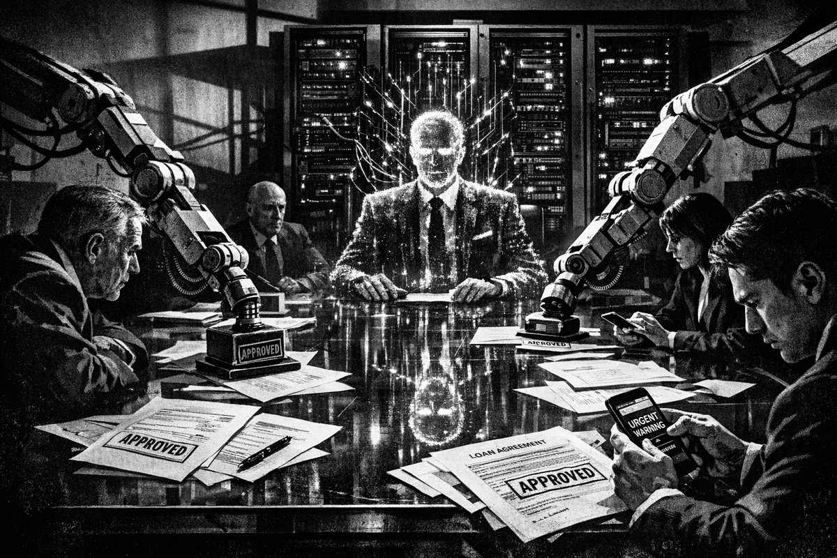 Banking CEO speaking into microphone with AI digital overlay and financial charts in background