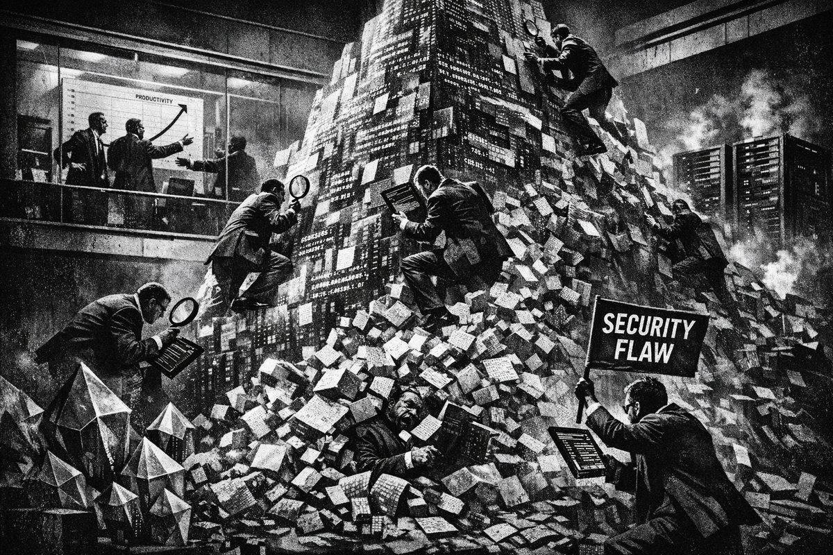 Overwhelmed programmer staring at endless lines of AI-generated code on multiple computer screens with error messages and security warnings