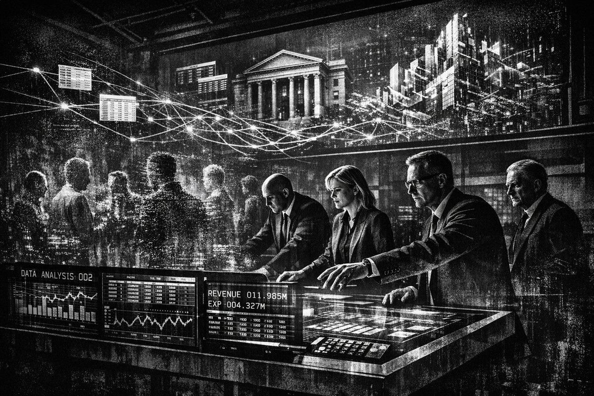 Modern finance professionals working with AI technology and data analytics in a contemporary office environment