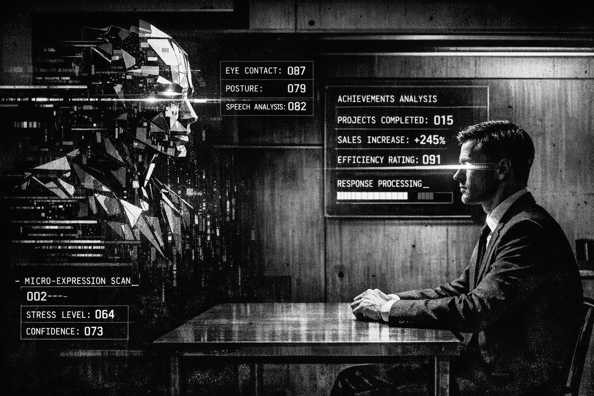 Professional candidate being evaluated by AI systems during a video interview with algorithmic scoring metrics displayed on screen