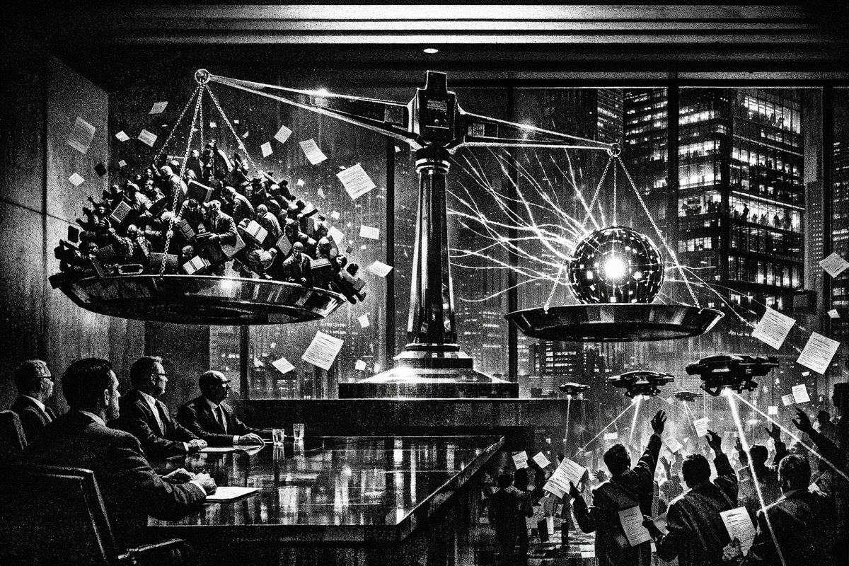 Split image showing traditional office workers on one side and AI robots on the other, representing the massive job displacement and transformation coming to the American workforce