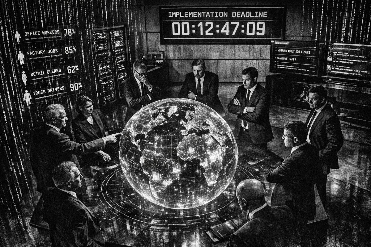 Split screen showing a human worker and AI robot, representing the job displacement crisis in the modern workplace