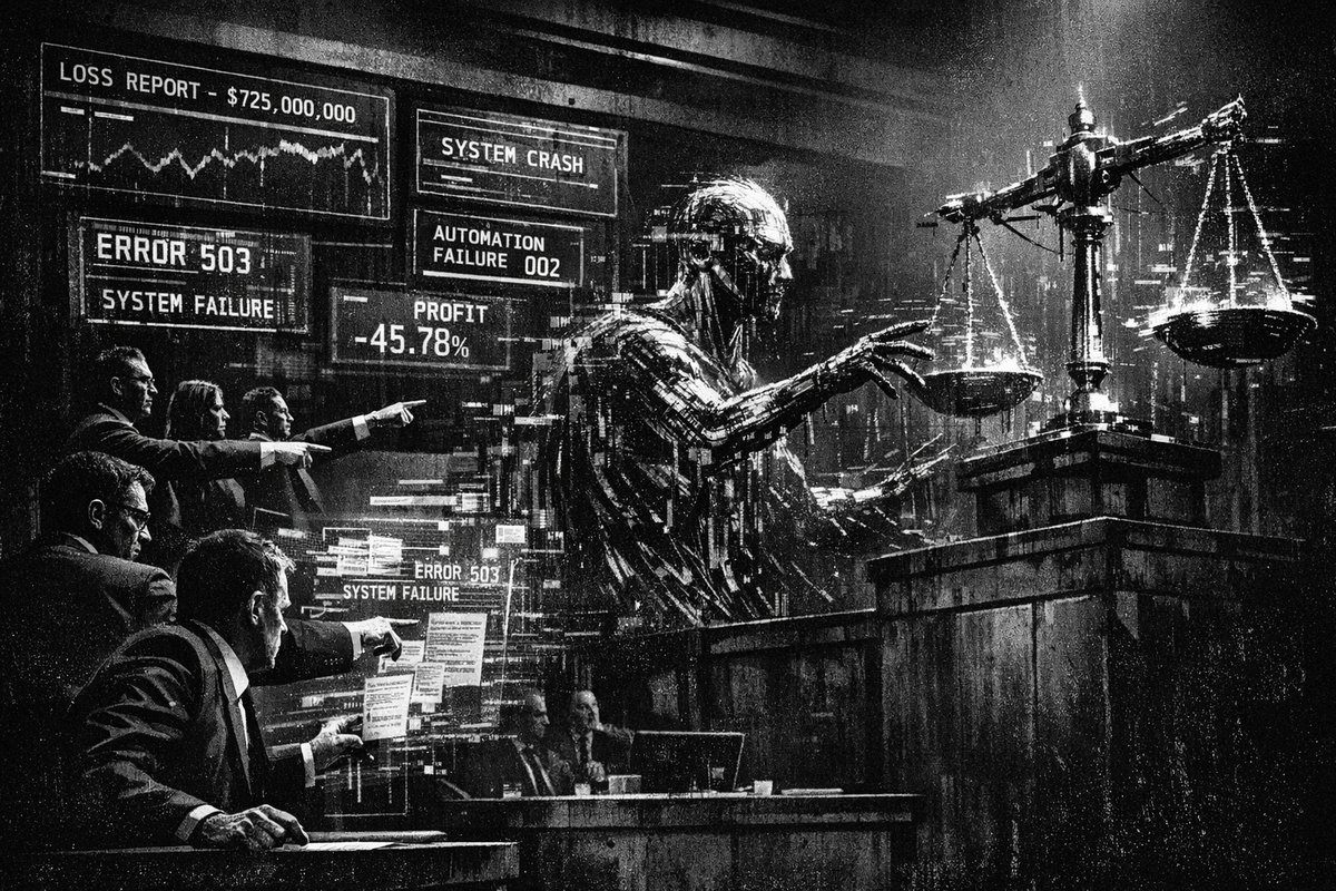Abstract representation of AI system decision-making process with legal scales of justice, symbolizing the complex intersection of artificial intelligence and legal accountability