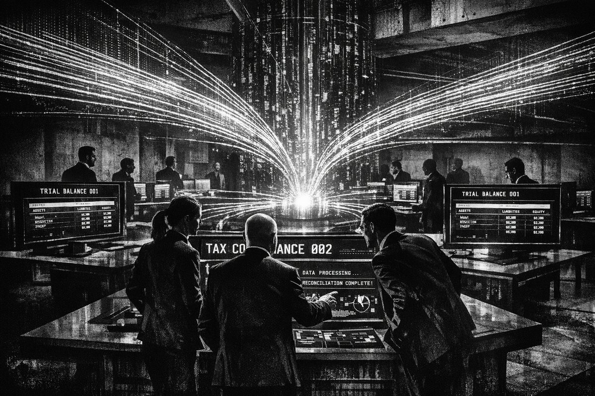 Modern office setting showing AI-powered financial data dashboards and automated tax processing systems on multiple computer screens