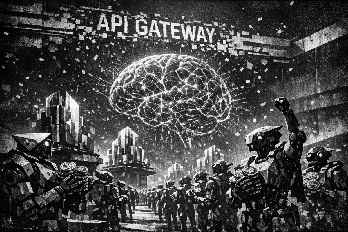 Futuristic digital interface showing blockchain nodes connecting to AI language models with autonomous agents accessing decentralized infrastructure