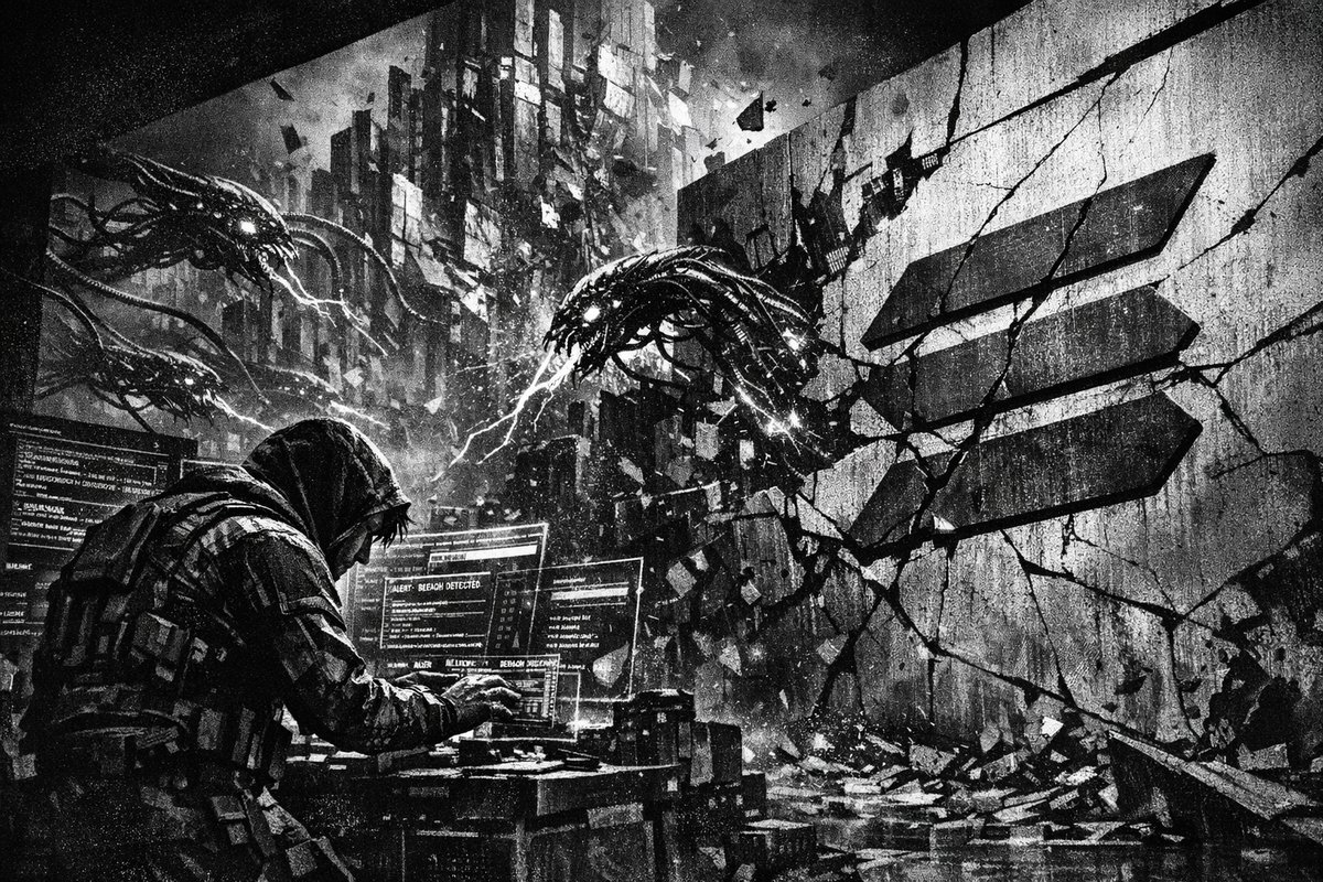 Abstract visualization of AI systems attacking blockchain cryptographic security with digital code streams and warning symbols