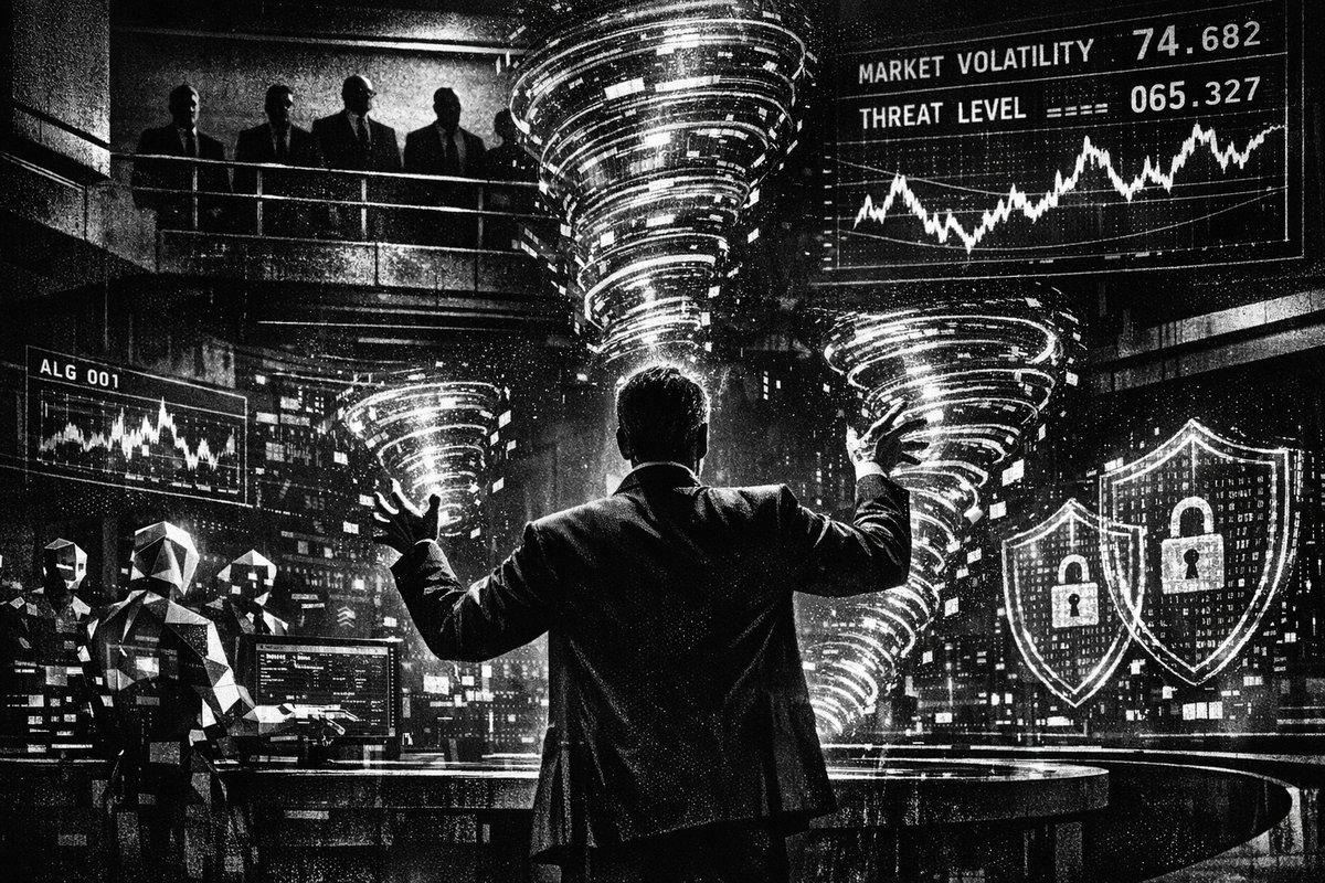 Professional CFO analyzing financial data on multiple screens with cybersecurity and AI analytics dashboards