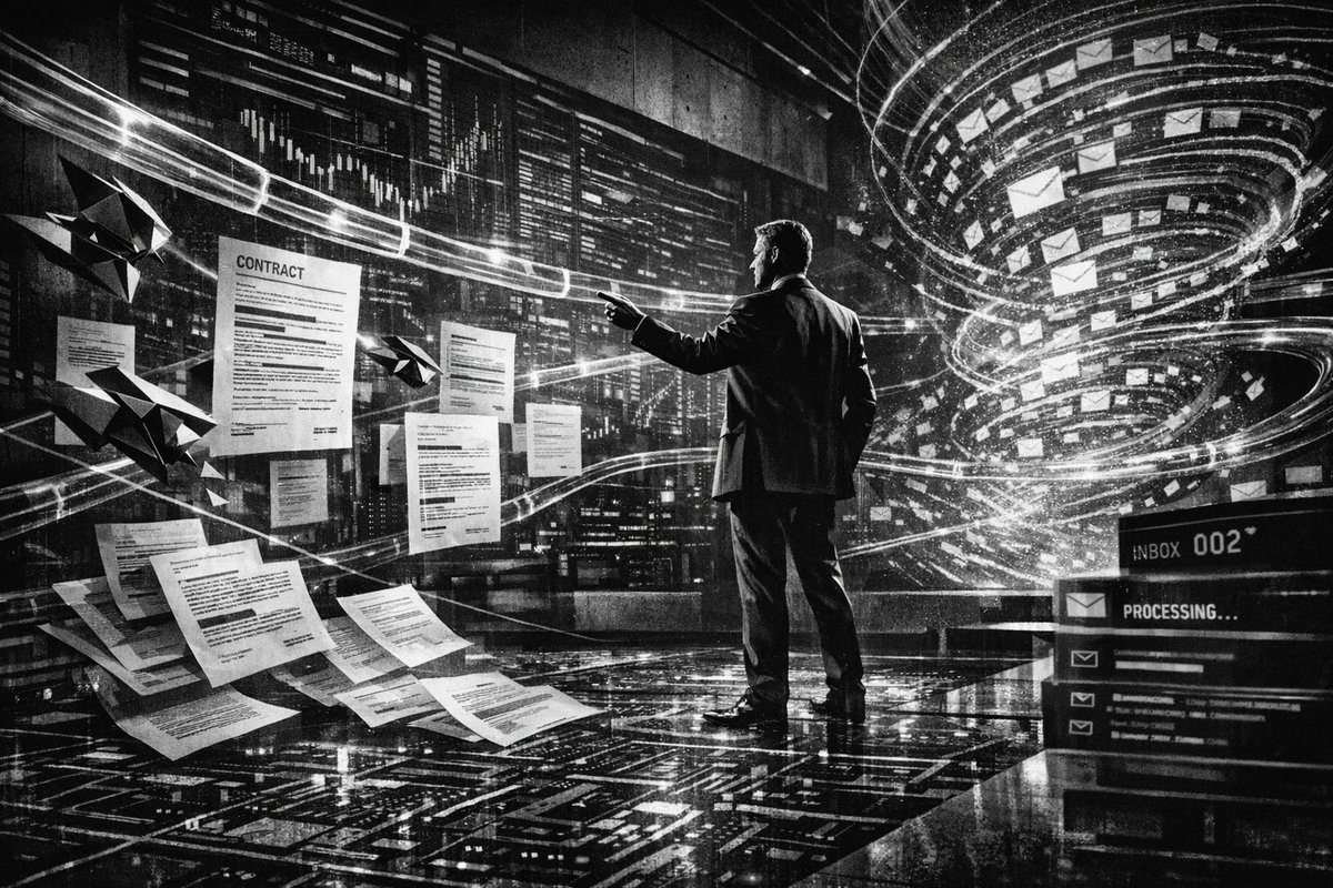 Modern corporate finance office with AI-powered workstations and data visualization displays showing automated processes and performance metrics