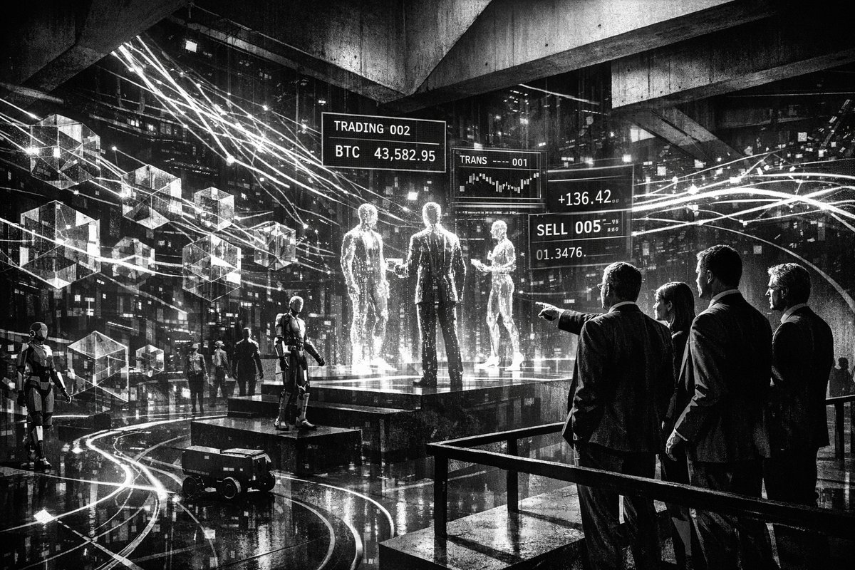 Futuristic digital network showing interconnected AI, blockchain, and robotics technologies converging into unified infrastructure