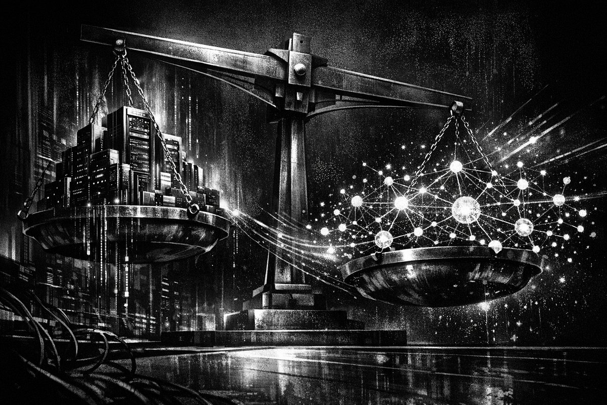 Abstract digital network visualization showing interconnected nodes representing decentralized AI and blockchain technology converging