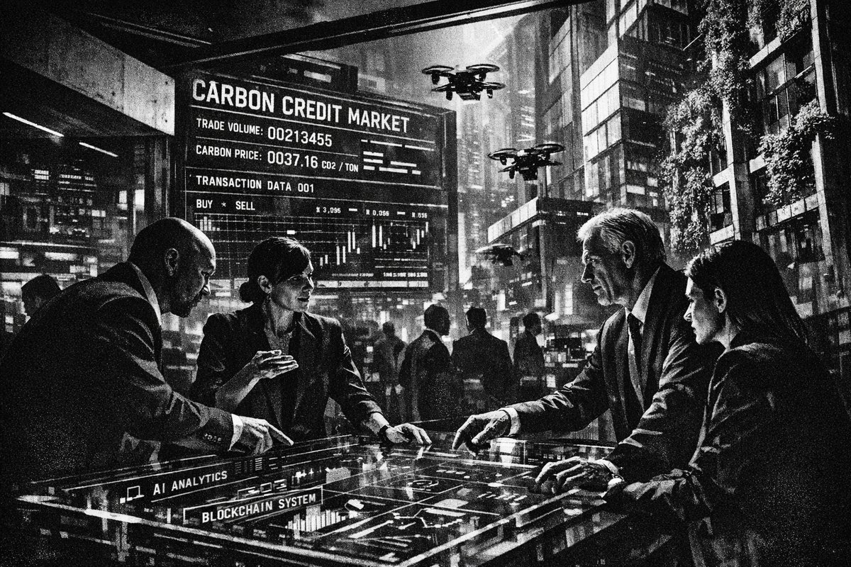 Graphic depicting AI and blockchain technologies in relation to carbon markets