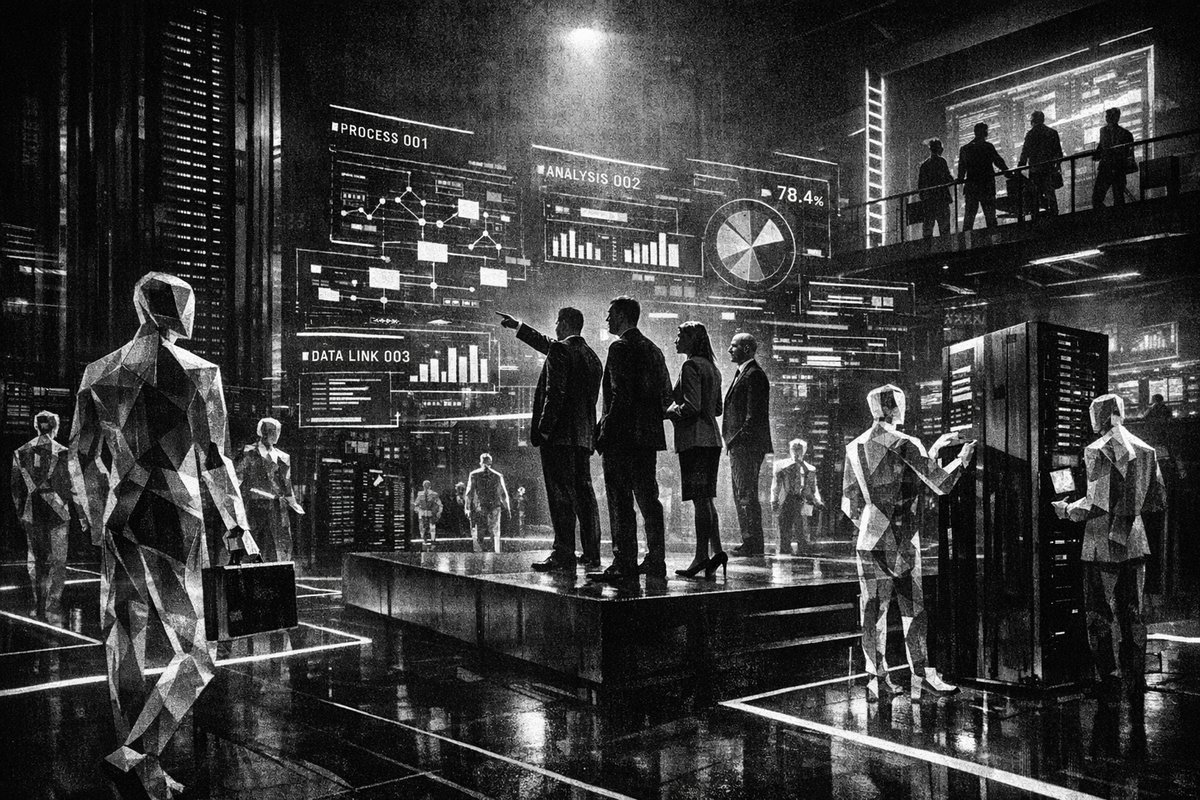 Business executives analyzing AI workflow diagrams and agent implementation strategies on digital displays