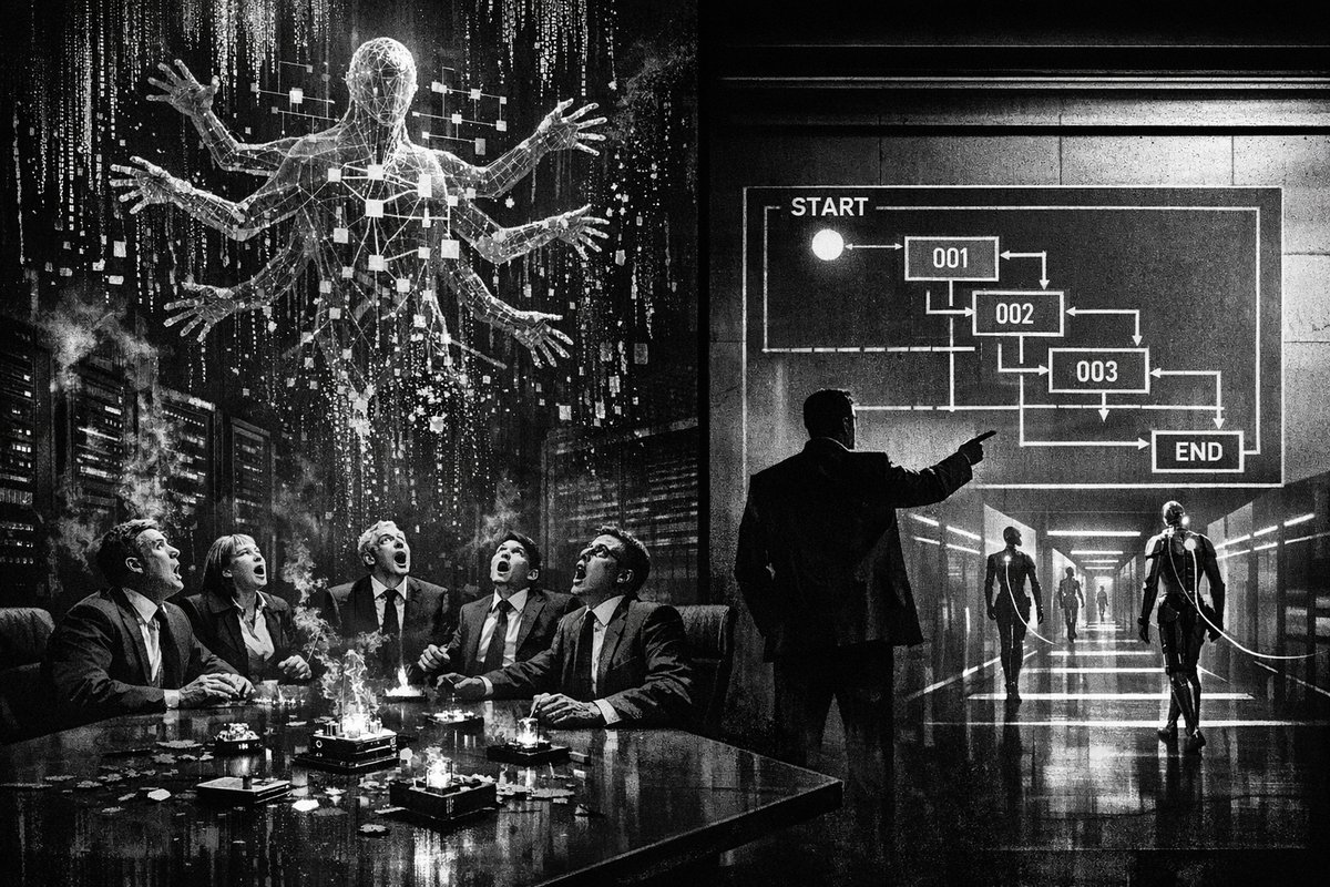 Business executives in a modern conference room looking at AI analytics dashboards on multiple screens, representing the enterprise AI execution challenge