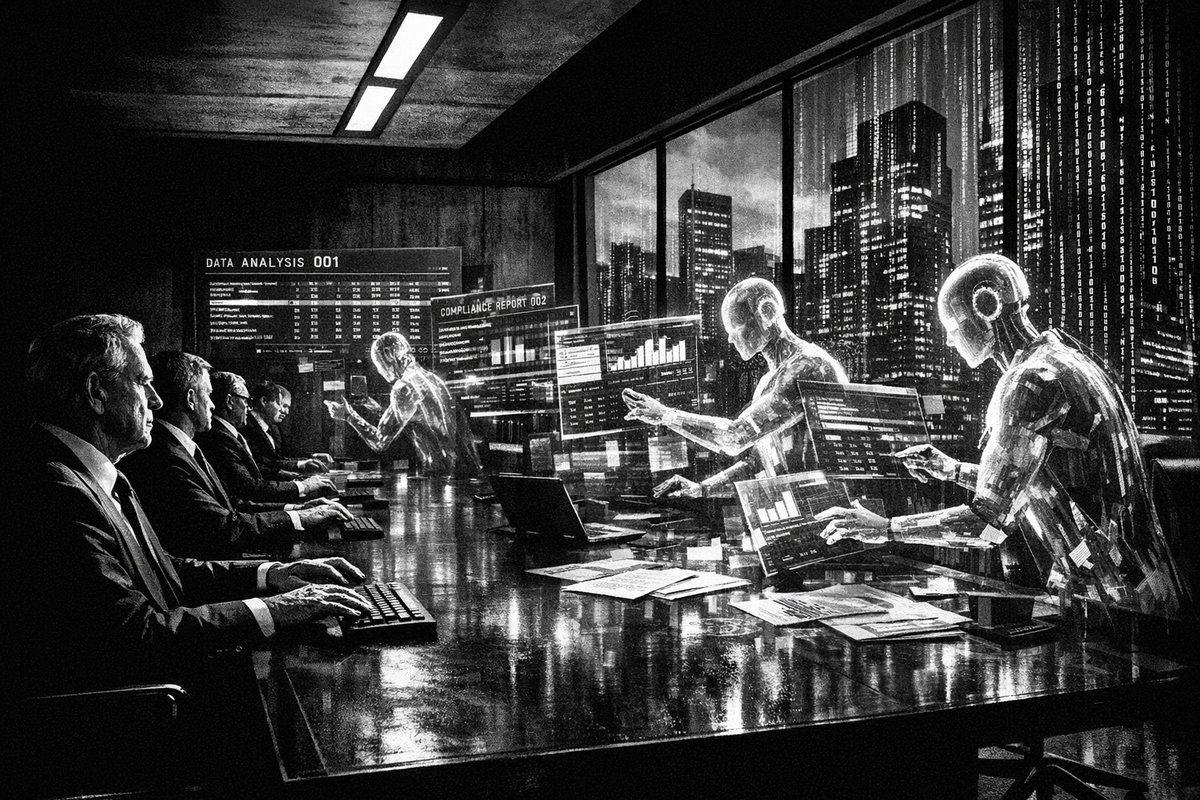 Futuristic financial trading floor with AI agents and holographic displays representing automated financial services
