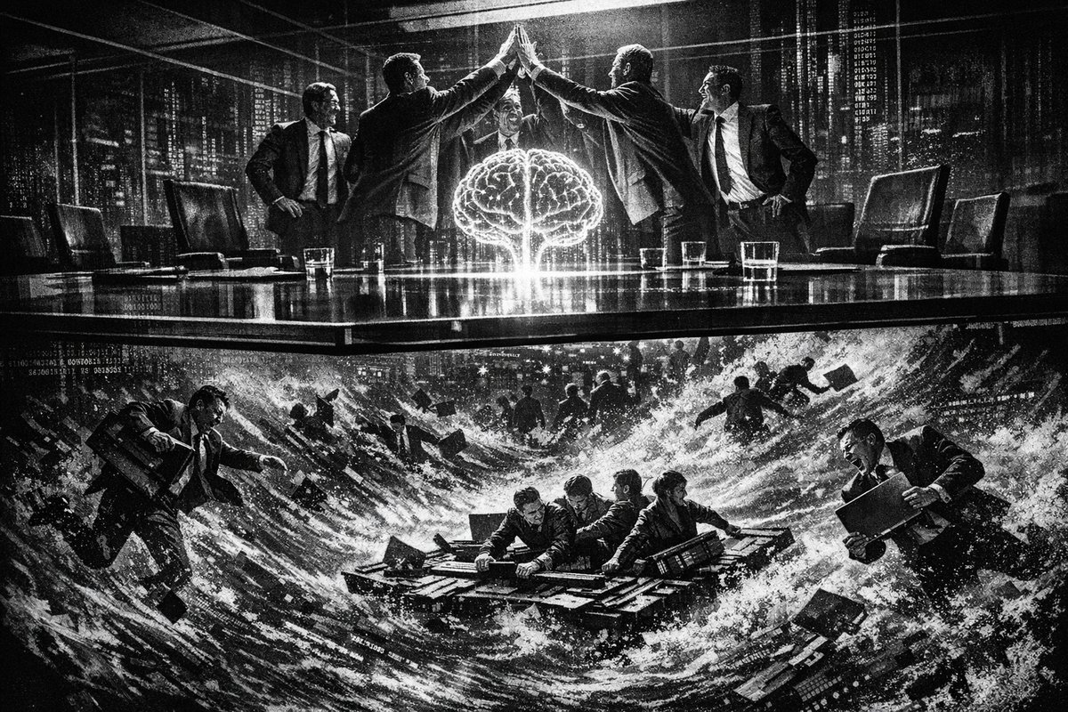 Silhouettes of office workers walking away from illuminated tech company buildings, representing mass layoffs in the technology industry