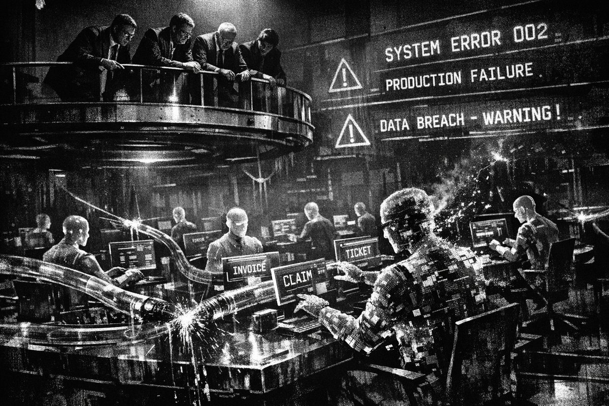 Digital illustration of AI agents working alongside human workers in a modern enterprise environment, representing the integration of artificial intelligence into business workflows