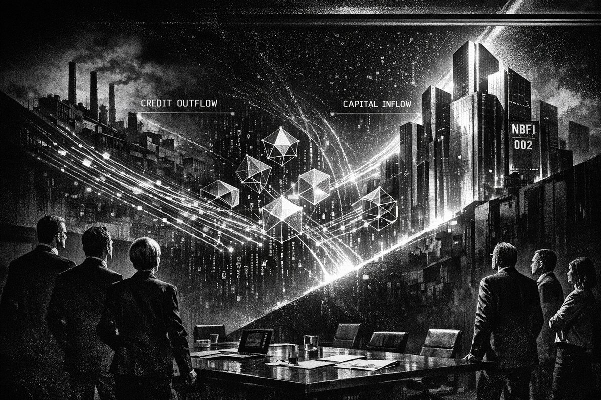 Abstract visualization of money and credit flowing away from traditional businesses toward financial institutions and securities trading