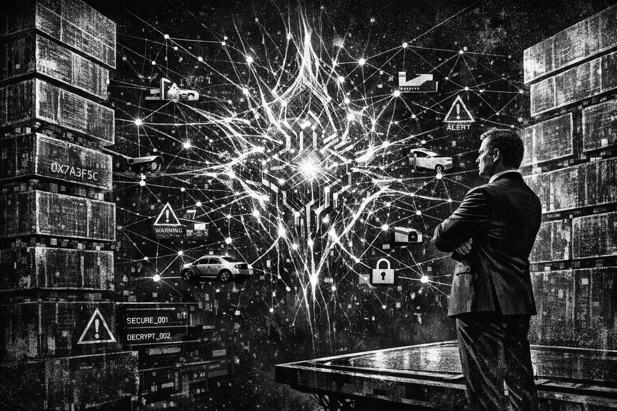 Network visualization showing interconnected IoT devices secured by blockchain and AI technology with glowing security nodes