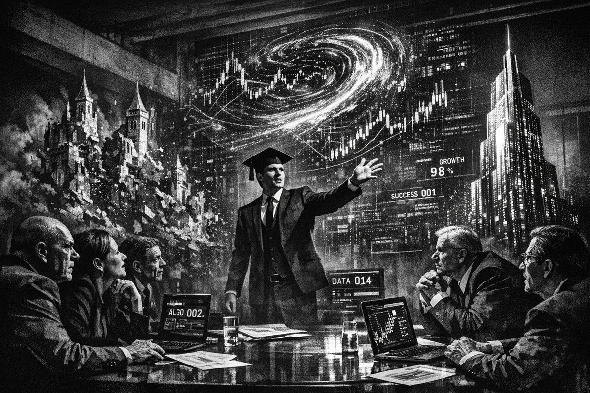 Graduate student in business attire working on laptop with AI and finance charts displayed on screen, representing the intersection of business education and technology