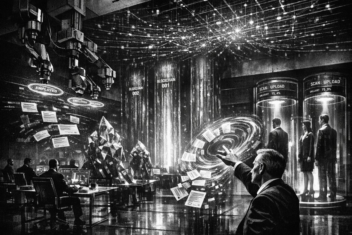 Digital illustration showing AI neural networks and blockchain chains intertwining over a futuristic cityscape representing workforce transformation