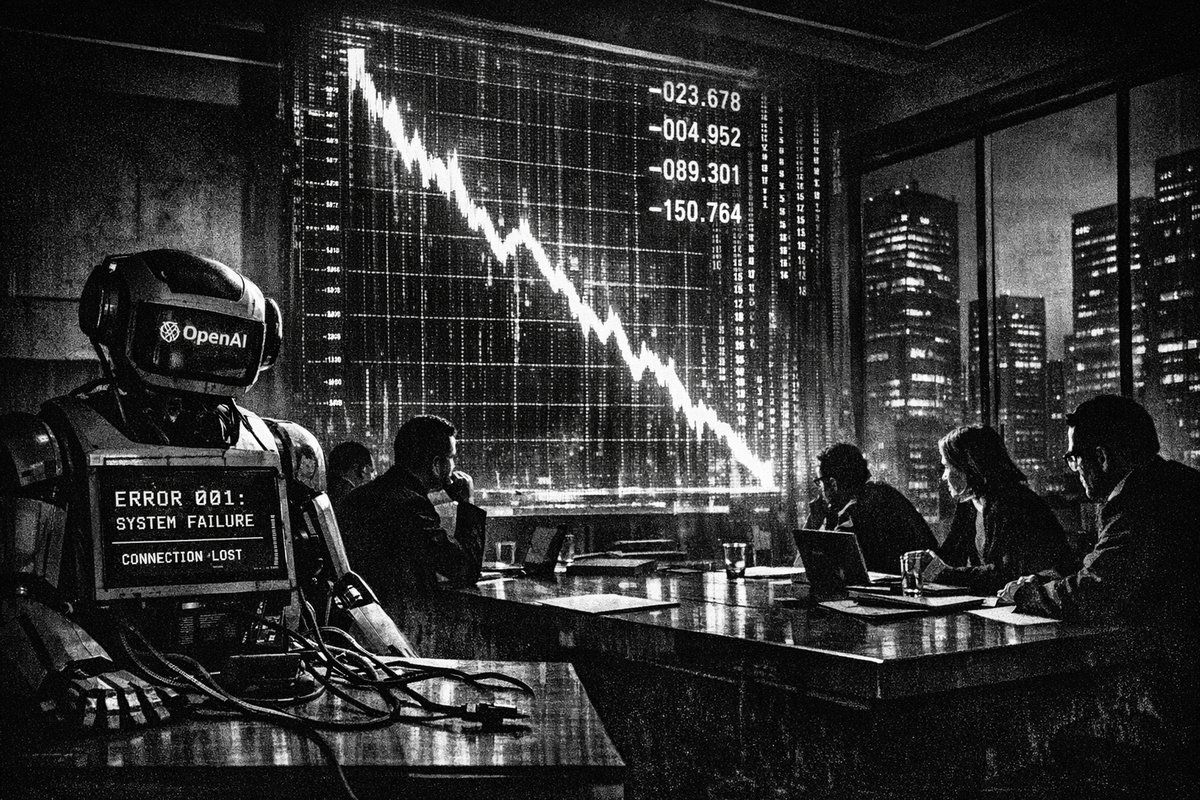 Stock market charts showing declining AI technology company share prices with red arrows indicating significant drops