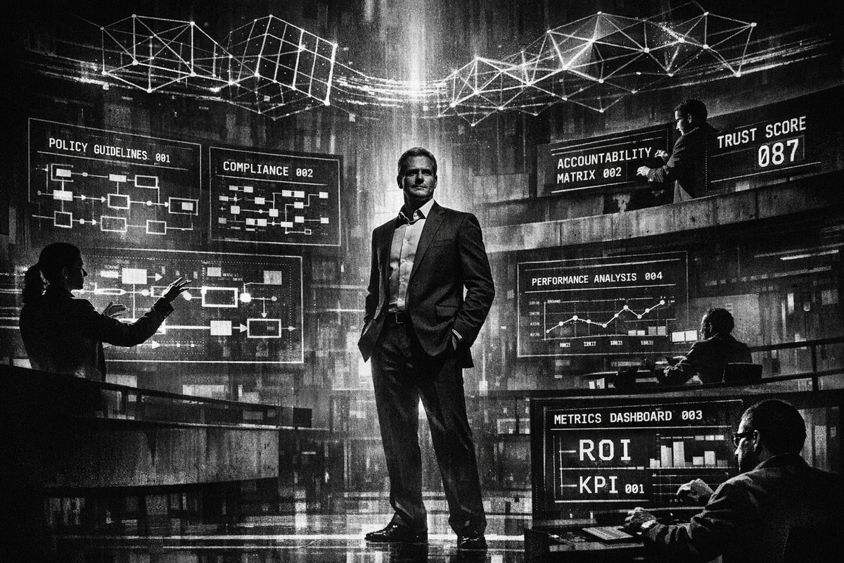 Business professionals collaborating around AI workflow diagrams and strategic planning documents on a modern conference table