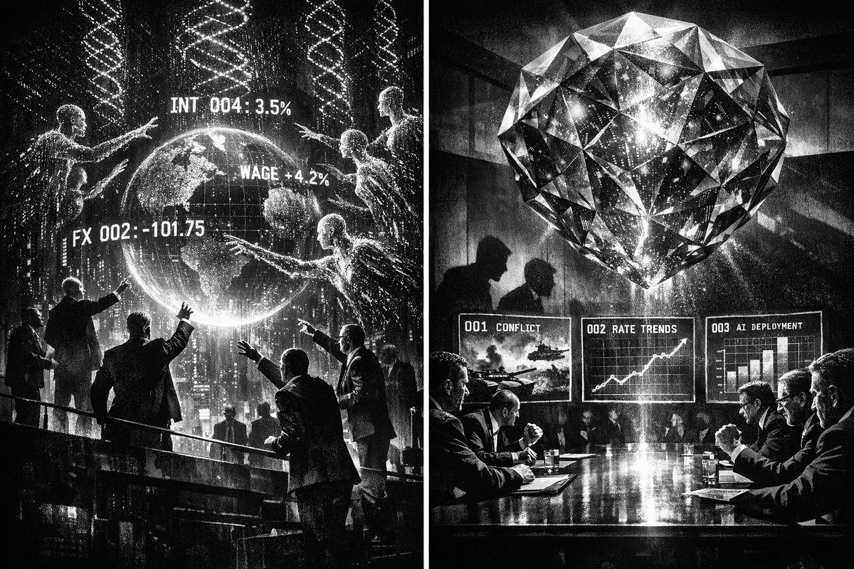 Financial market charts and economic indicators showing volatility from war, interest rates, and AI technology convergence