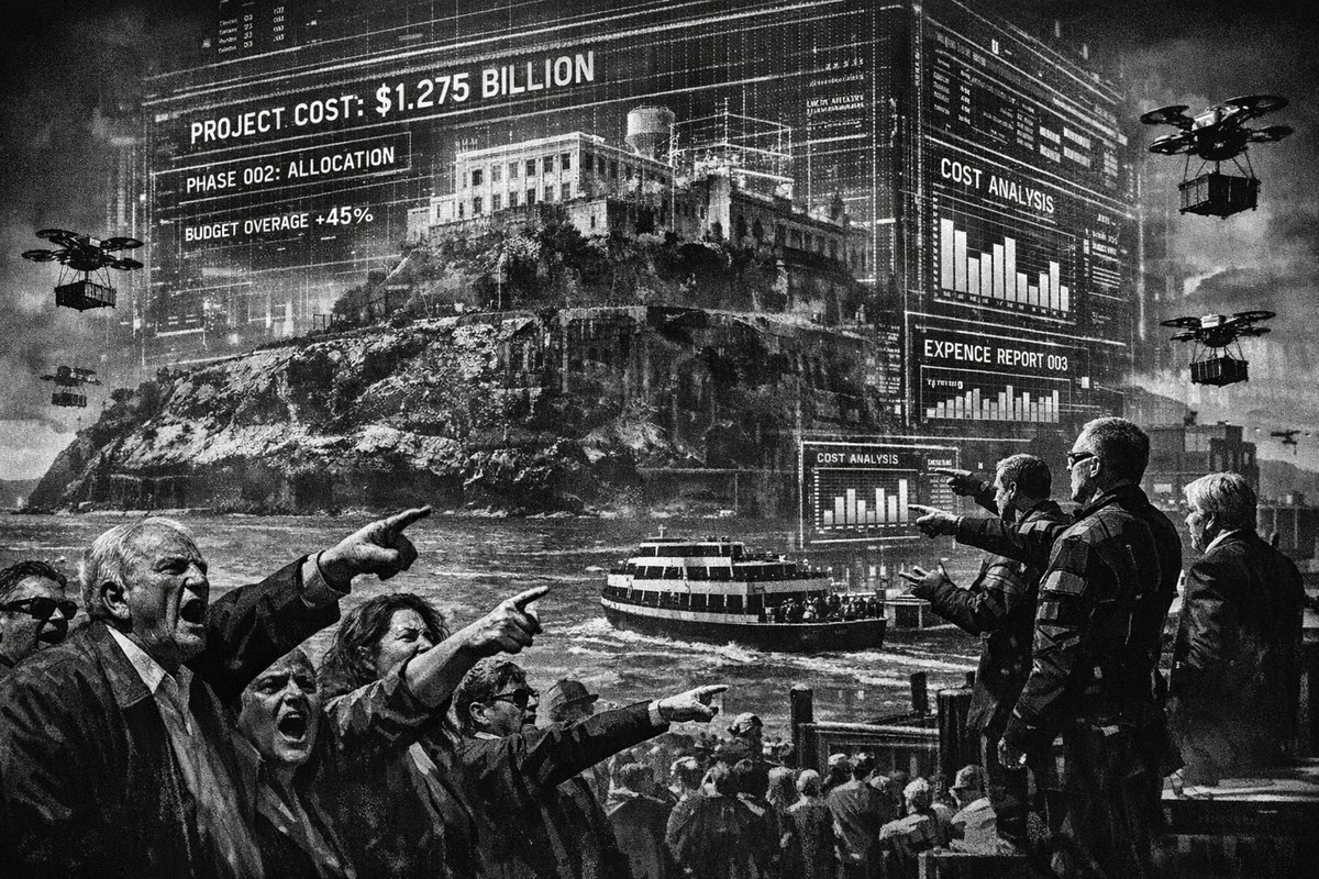 Aerial view of Alcatraz Island prison in San Francisco Bay with the city skyline in the background