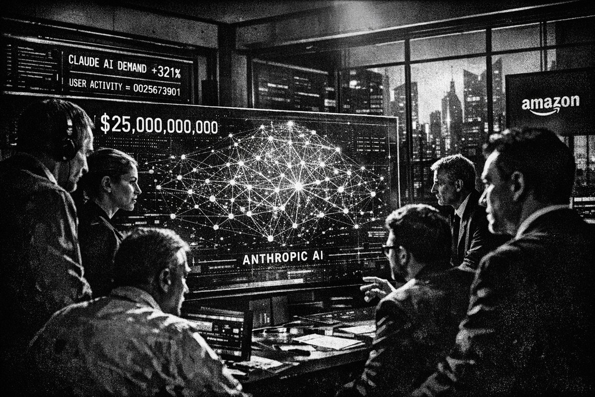 Amazon logo with AI technology graphics illustrating investment in Anthropic