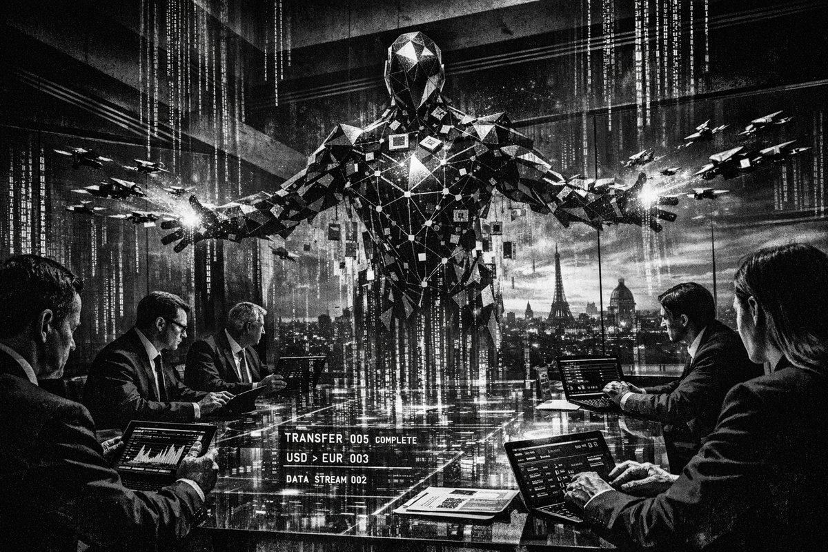 Futuristic digital payment interface with AI agents conducting autonomous financial transactions