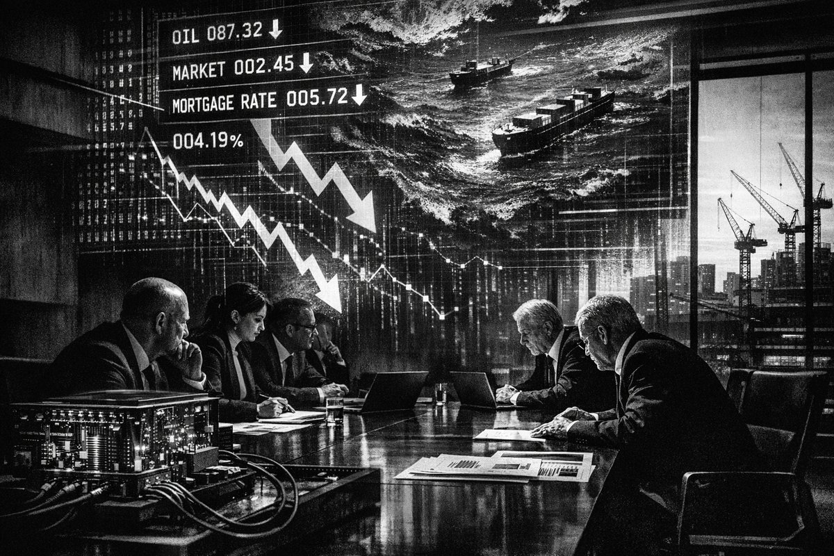 Split image showing rising mortgage rate charts and oil price graphs with real estate market indicators, illustrating the economic impact of geopolitical conflict on housing markets
