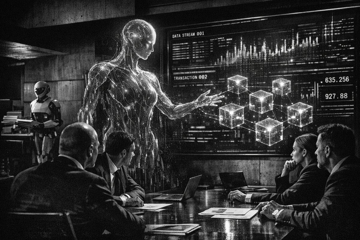 Futuristic digital interface showing AI systems managing corporate operations with data streams and executive dashboards