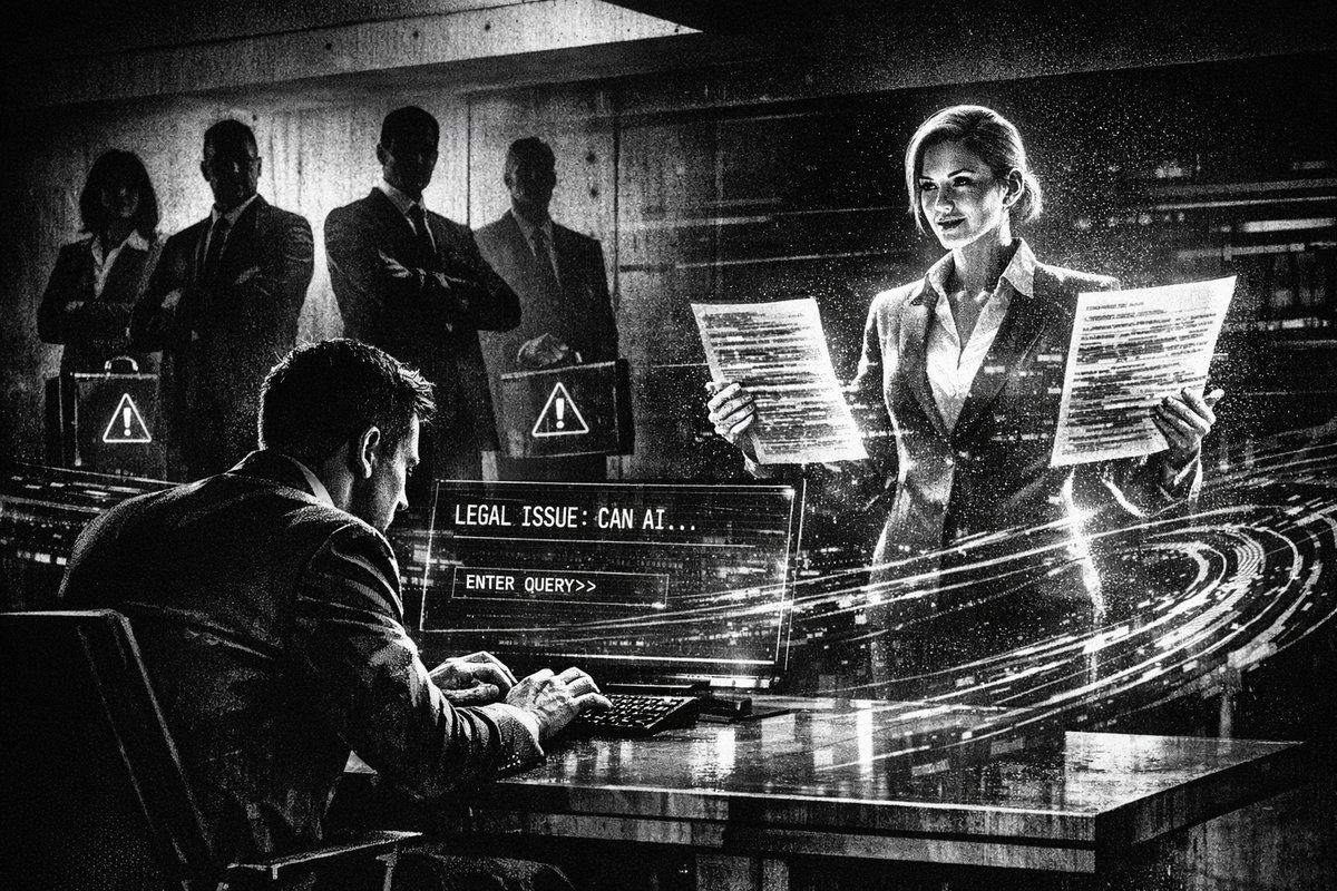 Warning sign with AI and legal scales symbolizing the dangers of using artificial intelligence for legal advice in financial services