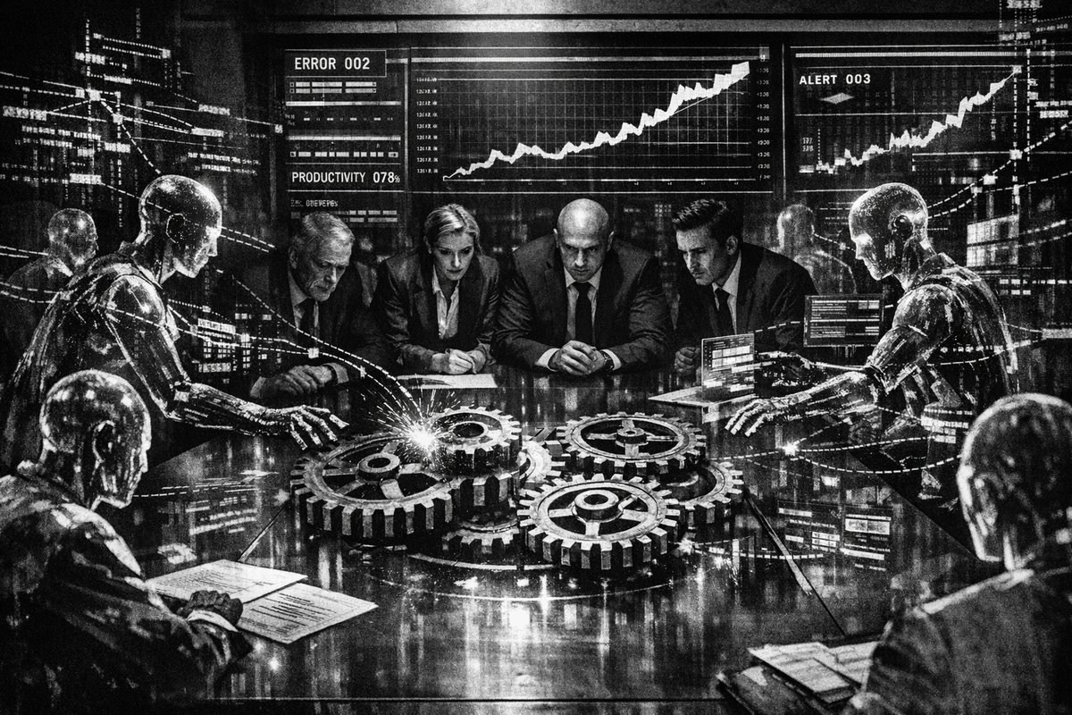 Business executives in a meeting room discussing AI strategy with charts and data visualizations on screens