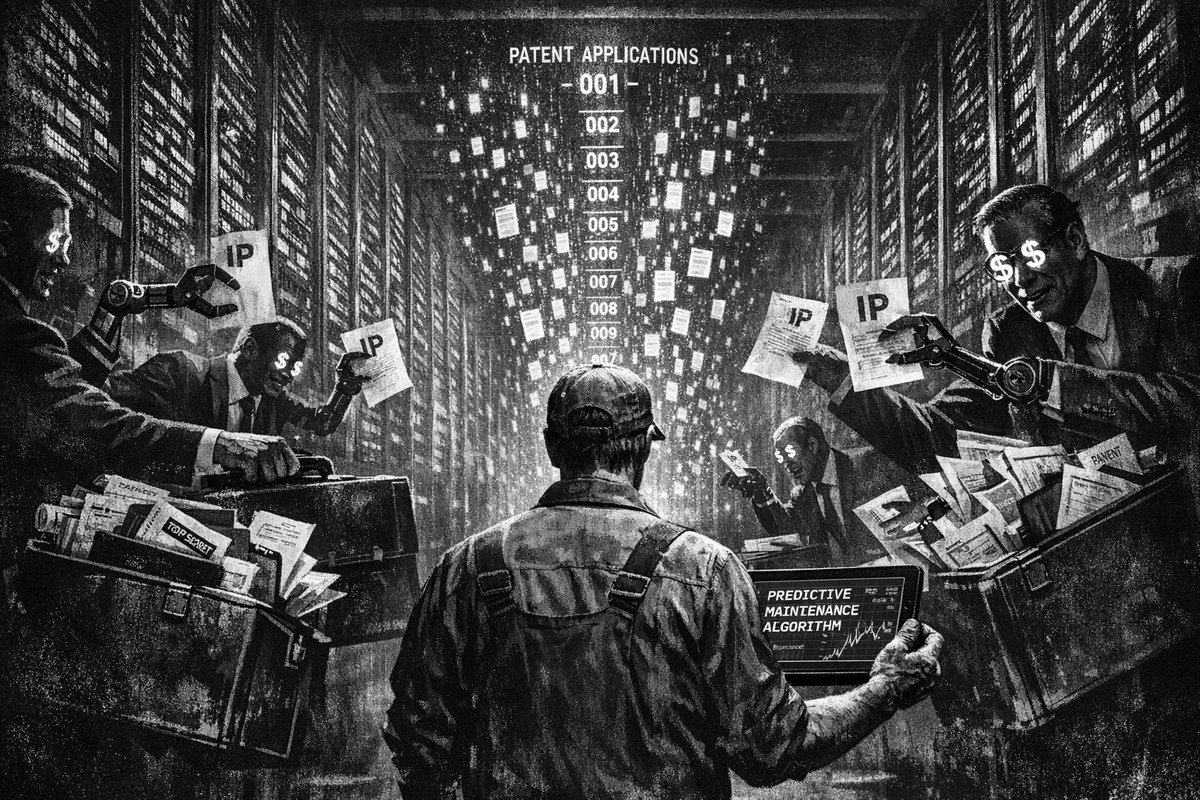 Abstract digital illustration showing AI circuit patterns and patent documents overlaid on industrial and business environments