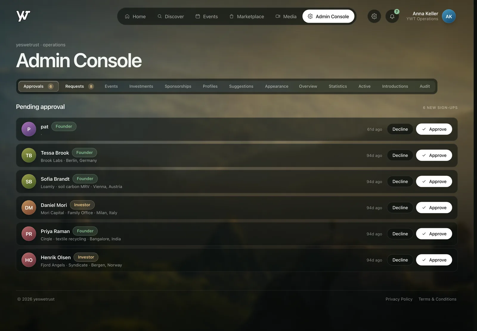 The admin console on the Approvals tab: six pending sign-ups, each with a role badge, organisation and city, and Decline and Approve buttons