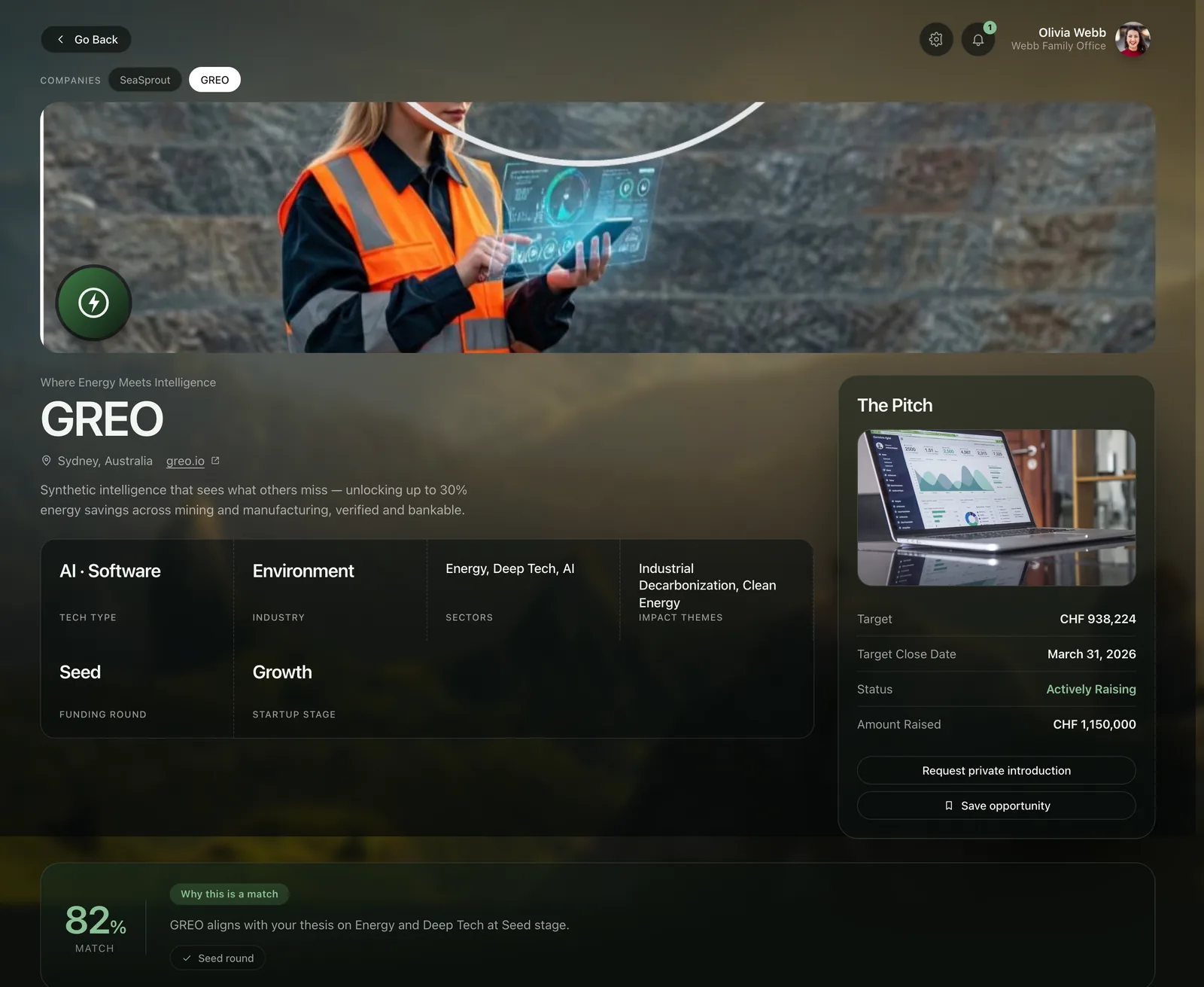 A company page seen by an investor: banner, one-liner, sectors and impact themes, the raise with target and amount raised, and a match panel reading 82 percent with the reason underneath
