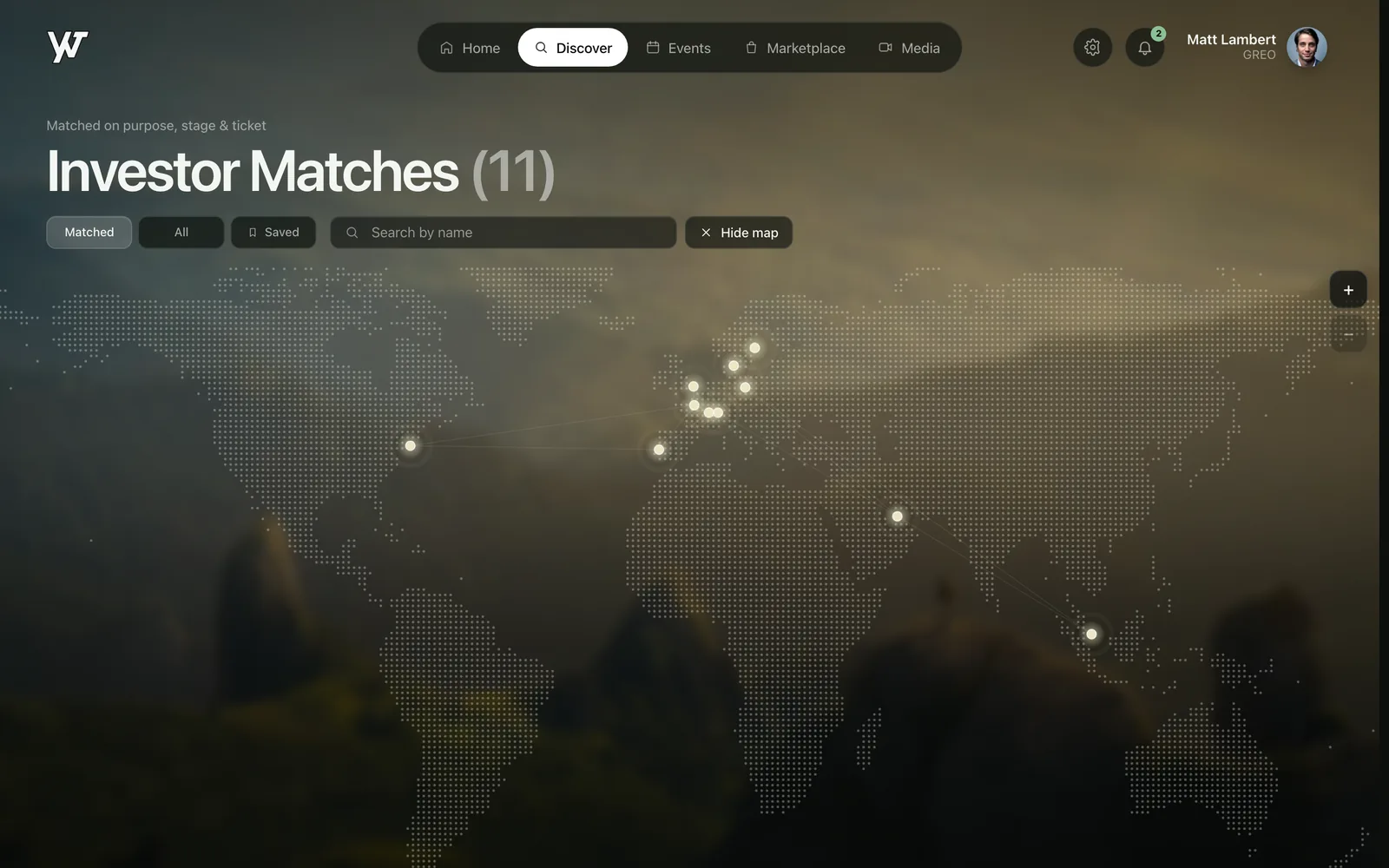 The Discover page for a founder: the heading Investor Matches with a count, filter buttons, and a world map with a pin for each matched investor